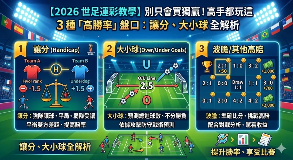 世足運彩教學資訊圖,說明讓分盤、大小球與波膽玩法差異